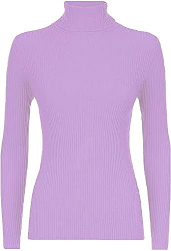 LUXE DIVA Women Ladies Ribbed Stretch Polo Turtle Neck Rib Top Jumper UK Size S/M-XXXL Lilac