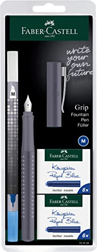 Faber-Castell 202038 - Füller Grip 2010, Feder M, dapple gray, mit Tintenlöscher und 12 Ersatzpatronen