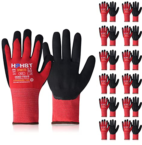 HPHST Guanti da lavoro in nitrile SF001TS, tecnologia in micro schiuma e fodera in spandex rivestito in nitrile, approvati CE, design ergonomico, Smart Touch, sottili lavabili in lavatrice (XL, rosso,