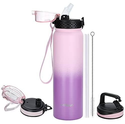 Goppus 1L/32oz Bouteille d'eau Acier Inoxydable avec Paille Bouteille d'eau Thermique Chaude à Double Paroi en Acier Bouteilles d'eau Isolées Bouteille d'eau Froide étanche Adulte avec 3 Couvercles