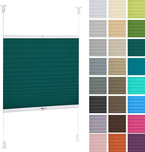 DECOOR Plissee ohne Bohren 125cm x 150cm Faltrollo Rollo für Fenster und Tür Nicht-invasive Fensterjalousien guter Sichtschutz und Sonnenschutz Breite der Überlappung 2 cm Meeresfarbe