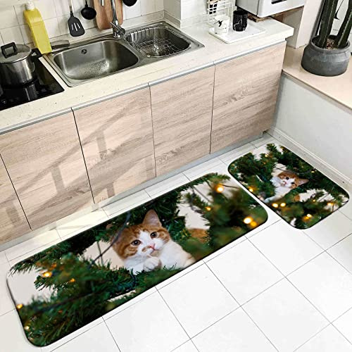 Juego de alfombras de cocina verde, alfombras de cocina anti fatiga 40x60cm+40x120cm gato en árbol de Navidad alfombra bienvenida entrada
