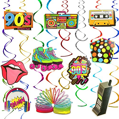 SJUNJIE 32 Stück 90er Rock Hippie Disco Retro Partybedarf 90er Jahre Party Luftschlangen Geburtstag HäNgende Wirbel Deko für Erwachsene 90er Rock Hippie Disco Retro Partybedarf