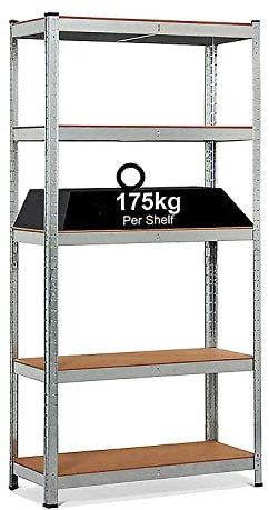 Crystals 5-Tier Racking Shelf Heavy Duty Garage Shelving Units - 180cm x 90cm x 40cm with 875KG Total Capacity (175KG Capacity per Shelf) - Perfect for Workshop, Shed, or Office Storage [1-BAY]