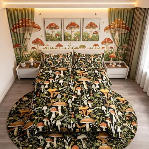 richhome Wild Mushroom Duvet Cover 2 pieces Cute Strawberry Flowers Comforter Cover for Kids Boys Girls Rustic Style Jungle Mushrooms Ultra Soft Bedspread Bedroom Decor Quilt Cover Single Size