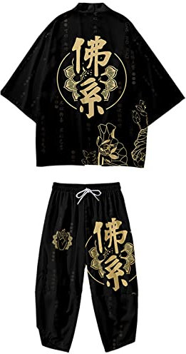 DOSLAVIDA Ensemble de veste kimono japonaise pour homme - Élégant manteau ouvert sur le devant avec short - Style chinois - Cardigan imprimé, Pantalon-noir 10, XX-Large