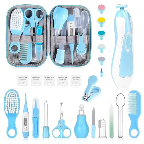 Kit de toilettage pour bébé, ensemble de soins de sécurité pour nourrissons avec brosse à cheveux, peigne, coupe-ongles, aspirateur nasal, kit essentiel pour nouveau-né filles garçons (bleu-20 en 1)