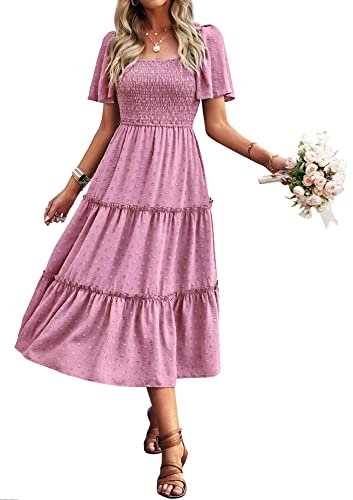 VOGMATE Robe à col carré à Manches Courtes pour Femmes Une Ligne Summer Flowy Maxi Robe Longue Rose Violet S