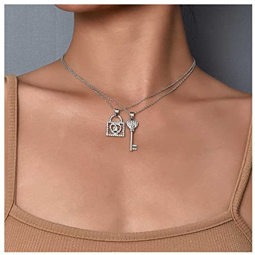 Inilbran Boho Crystal Key Lock Collana girocollo Collana con lucchetto con strass a strati Girocollo Collana con chiave in cristallo Cz scintillante Collana con ciondolo chiave con lucchetto