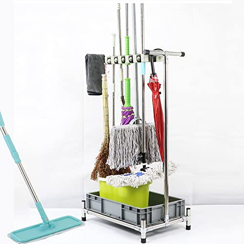 Colgador de Escobas y Fregonas móvil,Organizador Limpieza,rejilla para drenaje de fregona montada en el suelo con bandeja, soporte para paraguas, almacenamiento de herramientas de jardín,para Jardín G
