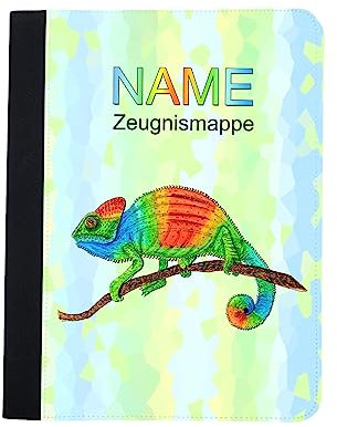 Zeugnismappe mit Namen | Zeugnismappe personalisiert | mit Klarsichthüllen A4 + | Urkundenmappe | personalisierte Dokumentenmappe mit Platz für U-Heft, Impfpass, Schwimmpass, Fahrradpass (Chamäleon)