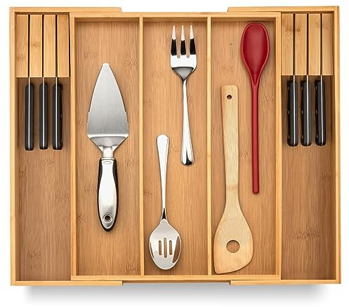 Purawood Large Premium Bamboo Silverware Organizer with Knife Blocks - Expandable Drawer Organizer 17.5x19.75 - Cutlery Tray with Dividers for Kitchen Utensils & Flatware (3-5 Slots) (Natural)