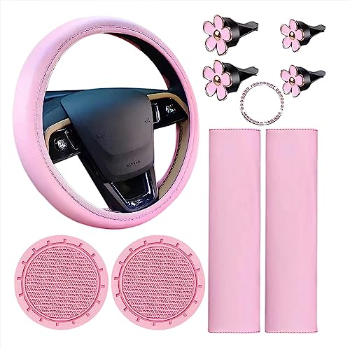 Glorlliant Set di 10 Coprivolante in Pelle Rosa per Donne, Allestimenti interni Accessori per Auto Carini con Cintura di Sicurezza, Spalline, Portabicchieri