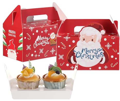 TsunNee Cupcake Box, 50PCS Christmas Cupcake Carrier Cake Box with Insert, Xmas Treat Box Gift Box, Adjustable Cardboard Tray, Ideal for Pastries, Cookies, Biscuits, Dessert, Donut etc.