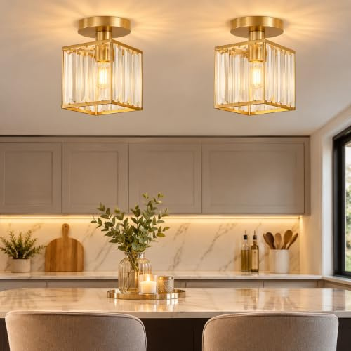 LEDSone Modernes, halbbündiges quadratisches Design Werten Sie Ihren Raum mit Eleganz auf. Kristall-Kronleuchter-Deckenleuchte (Gold, 2er-Pack mit Glühbirnen)