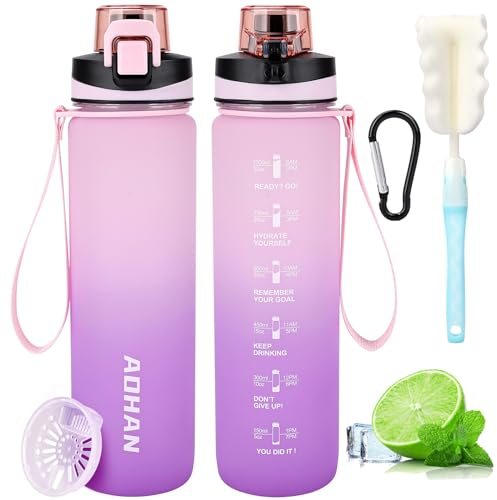 YANIKY Gourde 1L, Gourde Sport 1 Litre avec Marqueurs de Temps et Filtre, Anti-fuite, Gourde Motivation Sans BPA pour l'Extérieur Vélo Camping Yoga Fitness École (Rose-Violet)