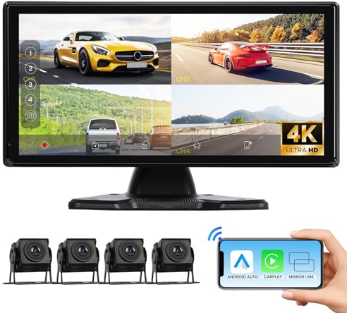 Hodozzy Kit Caméra de Recul 4K avec 4 Caméra AHD Filaire, CarPlay sans Fil Android Auto, Voiture Écran Tactile 10,36 Pouces 4 Split Moniteur, Bluetooth, FM Loop Recording USB/TF Écran CarPlay