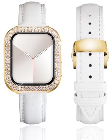 BINLUN Leather Strap Compatible with Apple Watch 45mm 44mm 41mm 40mm Women Leather Band with Glitter Diamond Rhinestone Case Compatible with iWatch Series 9/8/7/SE2/SE/6/5/4(41mm,White)