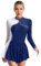 CHICTRY Eiskunstlauf Kleid Damen Langarm Strass Glitzer Ballettkleid Stehkragen Tanzbody Farbblock Patchwork Trikot Mit Wickelrock Dancewear Navy blau M