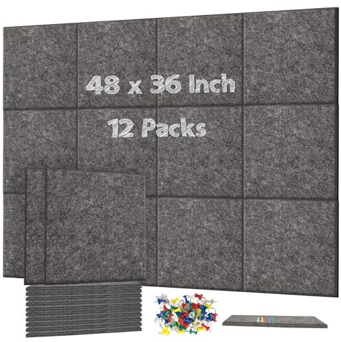 DOLLAR BOSS Lot de 12 grands tableaux d'affichage en liège de 121,9 x 91,4 cm, panneaux acoustiques adhésifs et insonorisants avec 120 punaises, gris