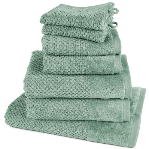 Pure Label Handtuch Set 7tlg 1xDusch 2xHand 2xGäste 2xWasch Salbeigrün | 100% Baumwolle, weich & saugstark - Waschbar bis 60∘C, trocknergeeignet