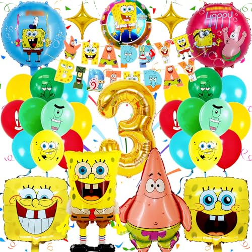 Sammelalbum Decoración Cumpleaños Bob Esponja 3 Años, 31 Pcs Decoración de Fiesta de Bob Esponja, Exquisito Globo de Cumpleaños Niño de Bob Esponja, Banner de Cumpleaños de Bob Esponja