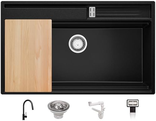 PRIMAGRAN Evier Cuisine en Granit Noir 88x53cm, Lavabo 1 bac + Kit de Vidage + Robinet 40x22cm + Accessoires, Évier à Encastrer au meuble 90cm - Oslo Pocket