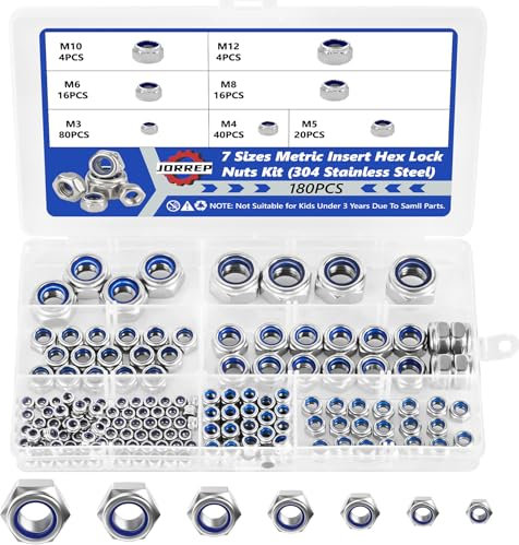 Lock Nuts, 180Pcs Hex Locknuts Assortment Kit, 304 Stainless Steel Metric Nylon Insert Lock Nuts Kit, 7 Size-M3 M4 M5 M6 M8 M10 M12 Hex Nut & Locknuts Set for Industrial & Home