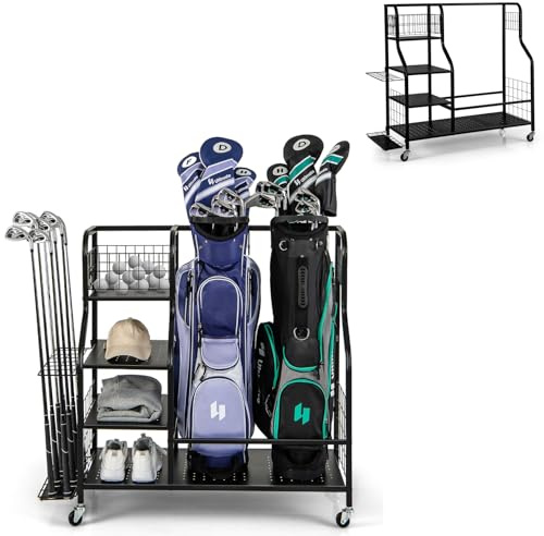 COSTWAY Organizer per Sacca da Golf, Supporto per 2 Borse da Golf con Extra Scaffale di Stoccaggio per Mazze da Golf, 6 Ganci Rimovibili e 4 Ruote per Garage e Club