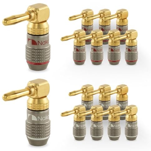 Nakamichi FanLock Fiche banane 90 degrés plaquée or 24K 10 AWG - 18 AWG Calibre 4 mm pour haut-parleurs Amplificateur Hi-Fi Stéréo Home Cinéma Audio Fil Câble Rapide Connecteur, 16 pièces (8 paires)