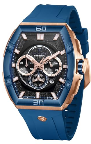 PC PARAS CROWN Uhren Herren Chronograph Quarzuhr mit Japanischem Uhrwerk 5ATM Edelstahl Tonneau-Gehäuse Silikonarmband