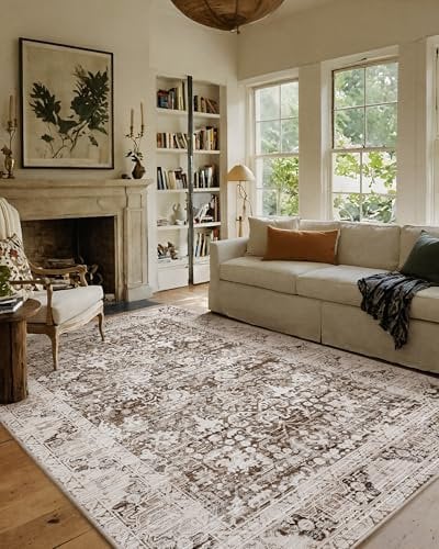 COLOR&GEOMETRY 122x183cm Dünne Weiche Maschine Waschbar Kleine Fläche Teppiche, Niedrige Stapel Vintage Teppich mit Rutschfesten TPE-Rücklage für Schlafzimmer, Wohnzimmer, Hellbeige und Braun