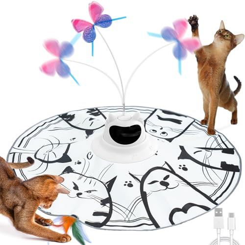 Spessn Interaktives Katzenspielzeug, 2 In 1 Federspielzeug Elektrisch Katzenspielzeug, Intelligenzspielzeug 3 Spielmodi und Kätzchen Feder Spielzeug USB-Aufladbares (Weiß-Catparttern)