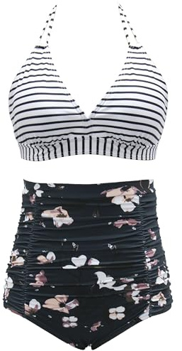 Viloree Femme Retro Taille Haute Maillot de Bain Deux Pièces Ensembles Deux pièces Contrôle du Ventre Halter Bikini Set Noir & Blanc Rayures XL