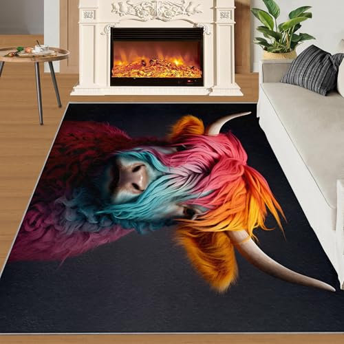 SANSJI Highland Kuh-Teppich, 60 x 90 cm, Bauernhoftiere, Teppiche für den Eingangsbereich, Regenbogenrinder, Küchenteppich, rutschfest, waschbar, Hochlandrinder, lustig, pflegeleicht, Florteppich für