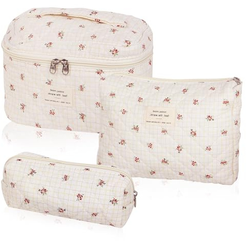 3 Pièces Trousse de Toilette Femme, Trousse en Coton Matelassé, Ensemble de Sacs à Cosmétiques de Voyage avec Motif Floral Exquis, Grand Sac à Cosmétiques Portable avec pour Femmes et Filles (Rose)