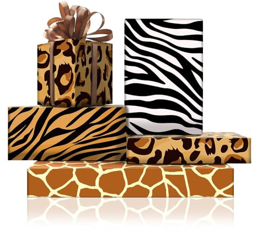 Geschenkpapier Dschungeltierfell-Pfotenhaut-Aufdruckv, 50 x 70 cm Bögen in 4 Designs mit 22 m Seidenband, Giraffe Tiger Zebra Leopard Geschenkpapier für wilde Babyparty, Geburtstag Hochzeitsfeier