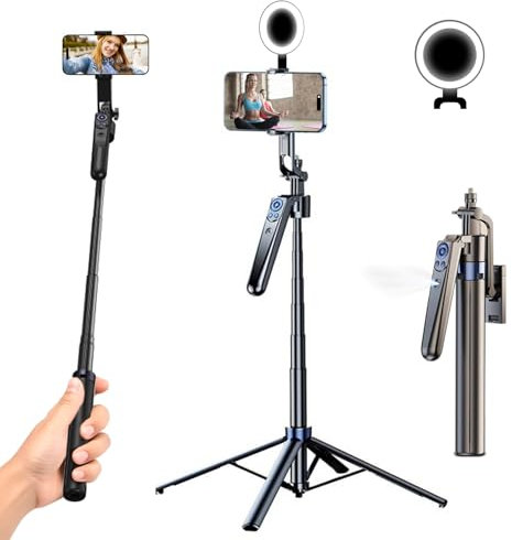 Treppiede per selfie con rilevamento automatico del viso per iPhone con luce, rotazione a 360 gradi che segue il movimento, treppiede per fotocamera del telefono con telecomando per creatore di