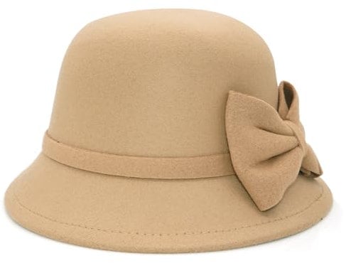 Buywis Damenhut aus Filz, mit Schleife, Fedora, Fischerhut, 1920er-Jahre, Vintage-Stil, Derby-Kirchenhüte, beige, Einheitsgröße