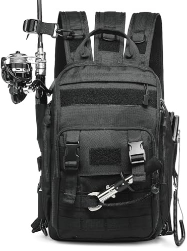 SUIKIHUM 35L Fishing Backpack with Rod Holder, Oxford Convertible Tackle Sling Crossbody Bag with Multi Pocket for Men and Women (Black)