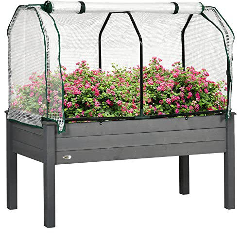 Outsunny Raised Garden Bed with PE Greenhouse Cover, Outdoor Elevated Wood Planter Box for Herbs and Vegetables, Use for Patio, Garden, Balcony, 121 x 55 x 117cm, Dark Grey