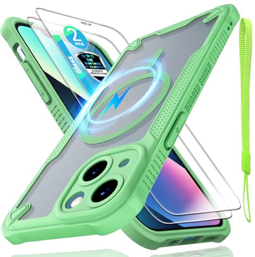 for iPhone 13 mini Case, Translucent Matte Back Compatible with Magsafe Magnetic Slim Shockproof Protective Case with Lanyard Strap and 2*9H Tempered Glass Screen Protector Phone Cover 5.4”-Green
