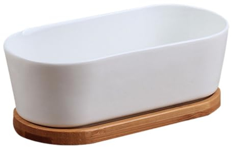 Abaodam 2pcs Ceramic Succulent Planter with Bamboo Saucer Oval Bonsai Pot with Drainage Rectangular Indoor Plant Pot for Succulent and Cactus Gardening Ceramic Flower