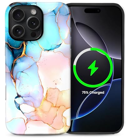 ARTSGOO 2-in-1 Handy Hülle für iPhone 15 Pro 6.1, mit Blauer Rosa Marmor Muster Design Stoßfestes Fallschutz-Handycase