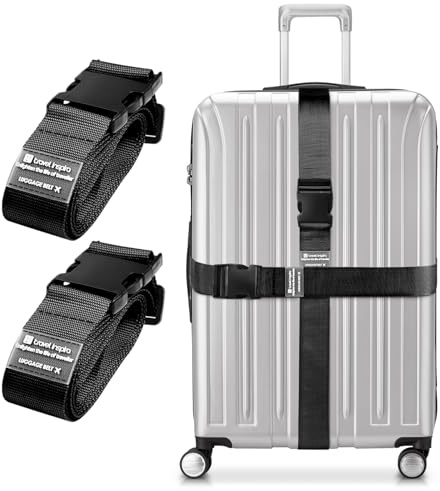travel inspira Kreuz Koffergurt 2 Stück Kofferband Gurt Auffällig Schwarz | 104-195cm Verstellbar Für Koffer 20-32 5cm breit Koffererkennung Robuste Schnalle Koffer Zubehör Reise-Gadgets Flugzeug