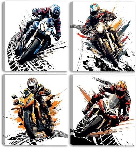 Komergave 4 Stück Motorrad-poster, Graffiti Motorrad Wall Art, Motocross-Poster Wandkunst, Jungen-Raumdekoration Bilder für Mann, Jungs, Ohne Rahmen 30 x 20 cm
