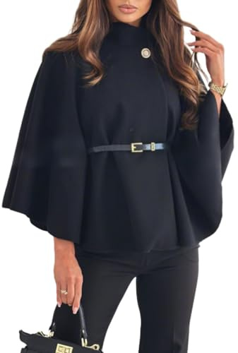 FYHTC Damen Poncho mit Fledermausärmeln Stehkragen Cape Jacke Eleganter Wollmantel mit Gürtel