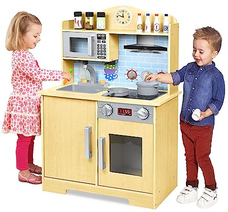 LARS360 Spielküche aus Holz, Kinderküche für Kinder, Spielküche aus Massivholz Küchenspielzeug Set inklusive Zubehör wie Mikrowelle, Backofen, Spüle, Kochutensilien und Gewürzen (59,5 x 29,5 x 92cm)