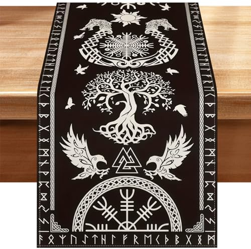 Wikinger Tischläufer, Schwarz Lebensbaum mit Raben Helm der Ehrfurcht, Gothic Tischdeko, Tischläufer Schwarz, Wikinger Deko, Saisonale Dekoration für Esstisch, Party, Zuhause, 33x180 cm