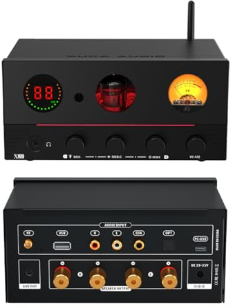 SUCA AUDIO X10 Amplificatore di Potenza a Tubi, DAC Ottico Coassiale USB 192khz, Amplificatore Audio 165W 2.1 Canali, Amplificatore DAC HiFi per PC/TV/Lettore CD/Cuffie/Altoparlanti (Nero)